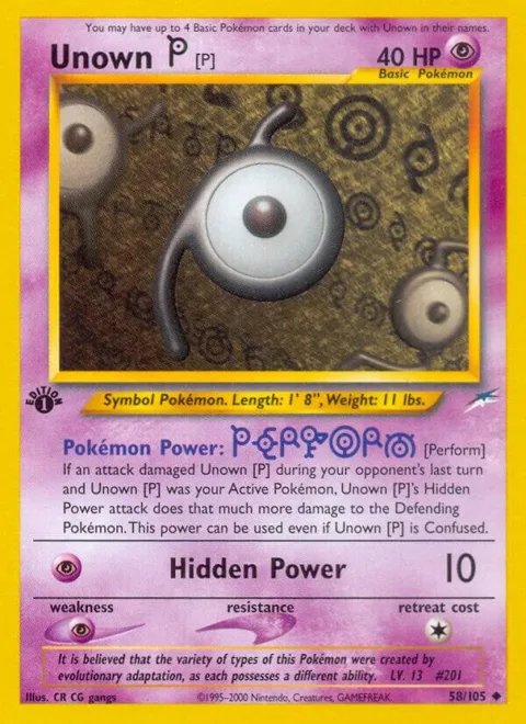 Unown [P] #058/105 1st Edition Pokémon card from Neo Destiny
