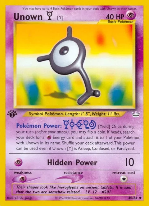 Unown [Y] #40/64 1st Edition Pokémon card from Neo Revelation
