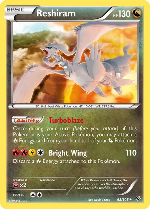 Reshiram #63/108 Reverse Holofoil Pokémon card from XY - Roaring Skies