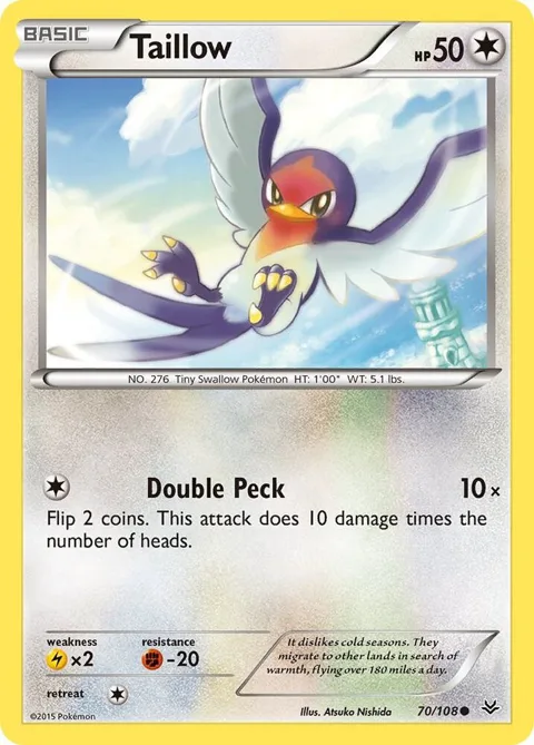 Taillow #70/108 Reverse Holofoil Pokémon card from XY - Roaring Skies